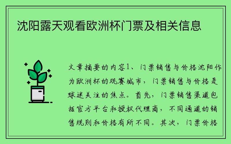 沈阳露天观看欧洲杯门票及相关信息